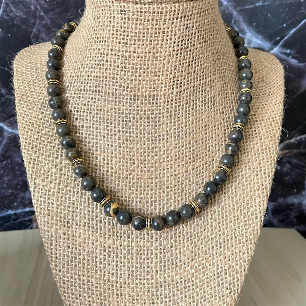 Mens Rhyolite and Gold Beaded Necklace