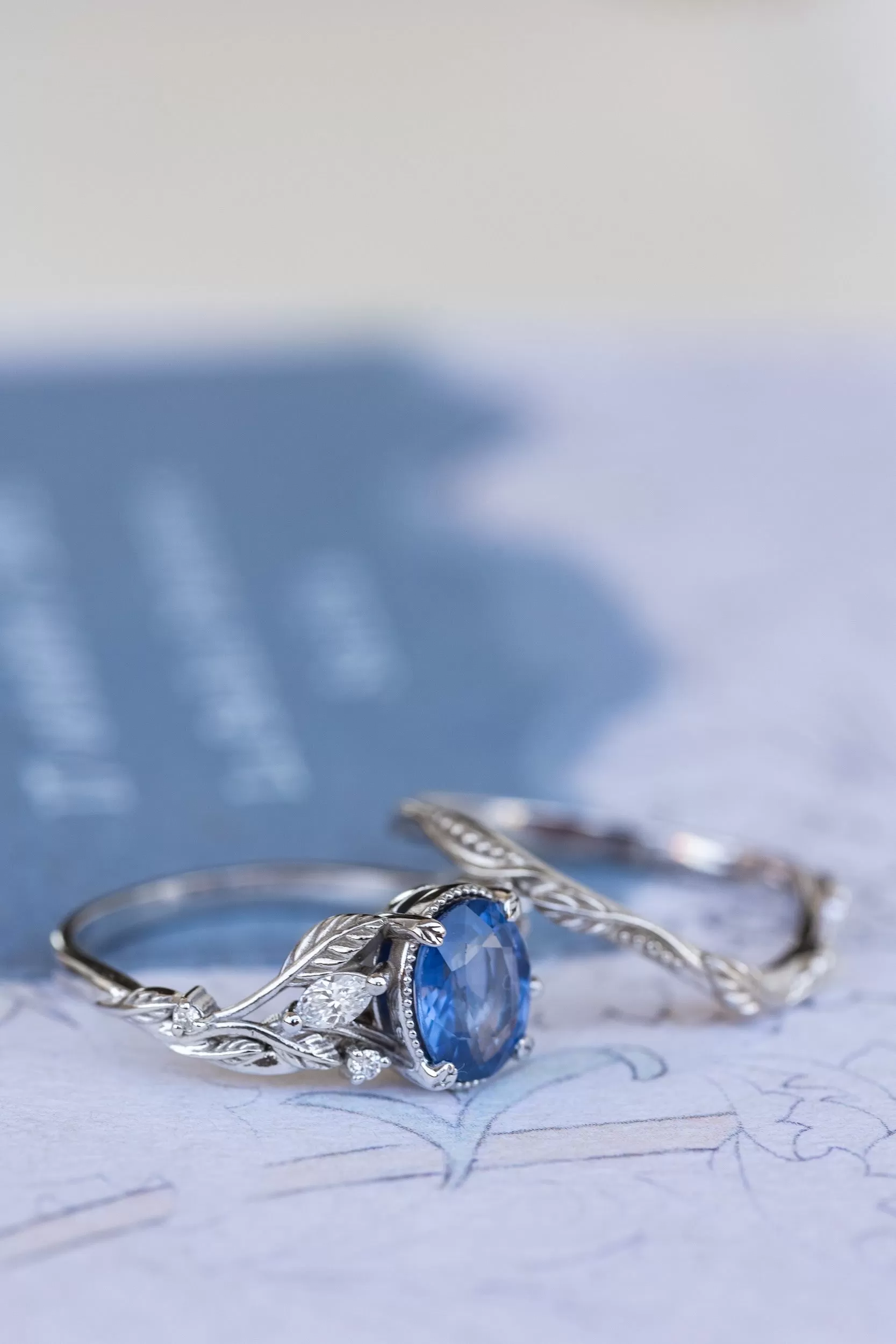 Natural blue sapphire bridal ring set, white gold leaf engagement and wedding rings / Patricia