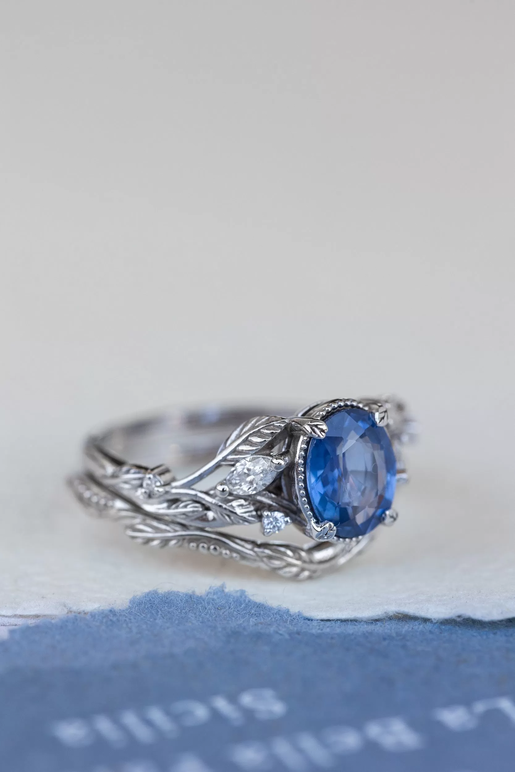 Natural blue sapphire bridal ring set, white gold leaf engagement and wedding rings / Patricia