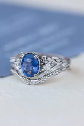 Natural blue sapphire bridal ring set, white gold leaf engagement and wedding rings / Patricia