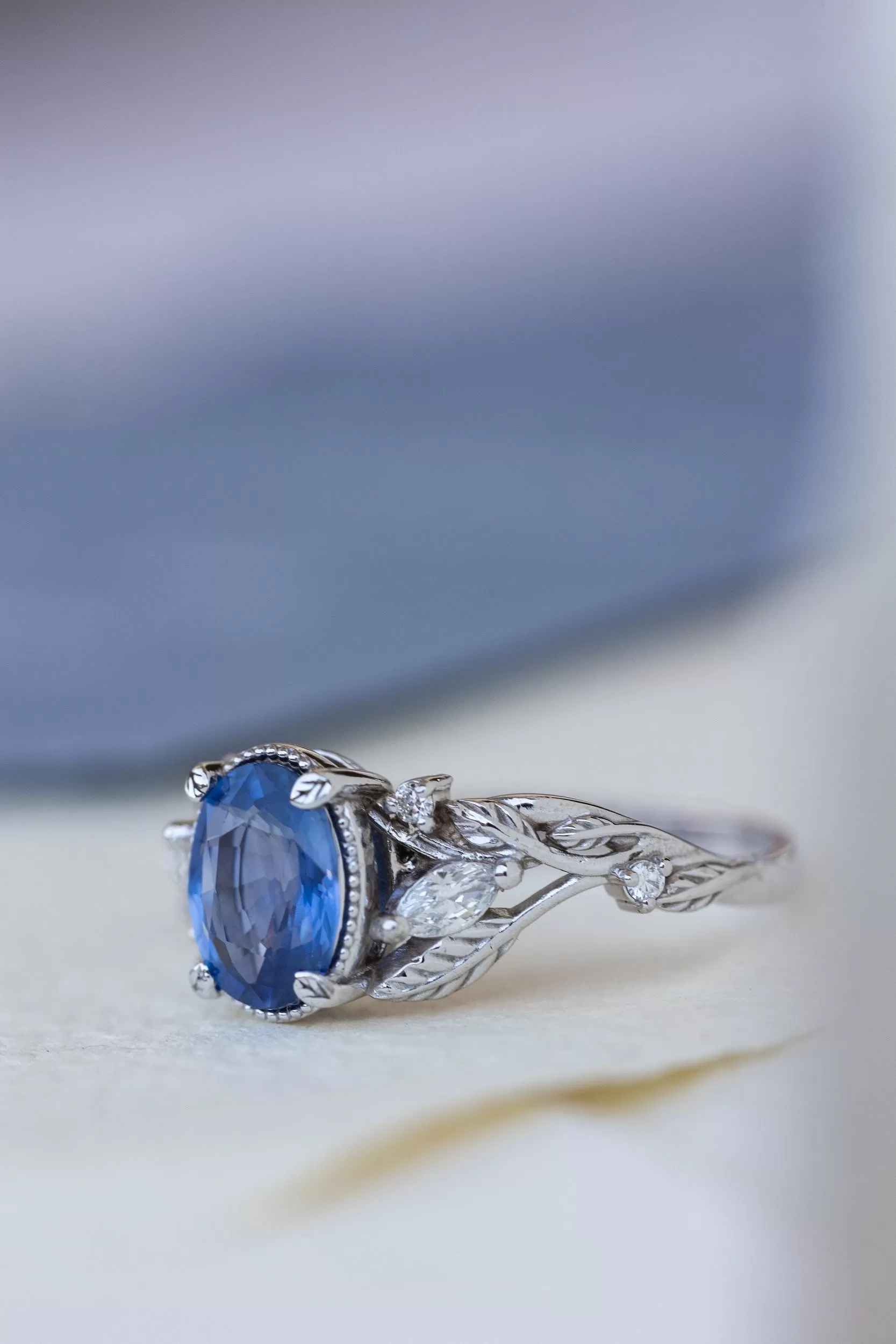 Natural blue sapphire bridal ring set, white gold leaf engagement and wedding rings / Patricia