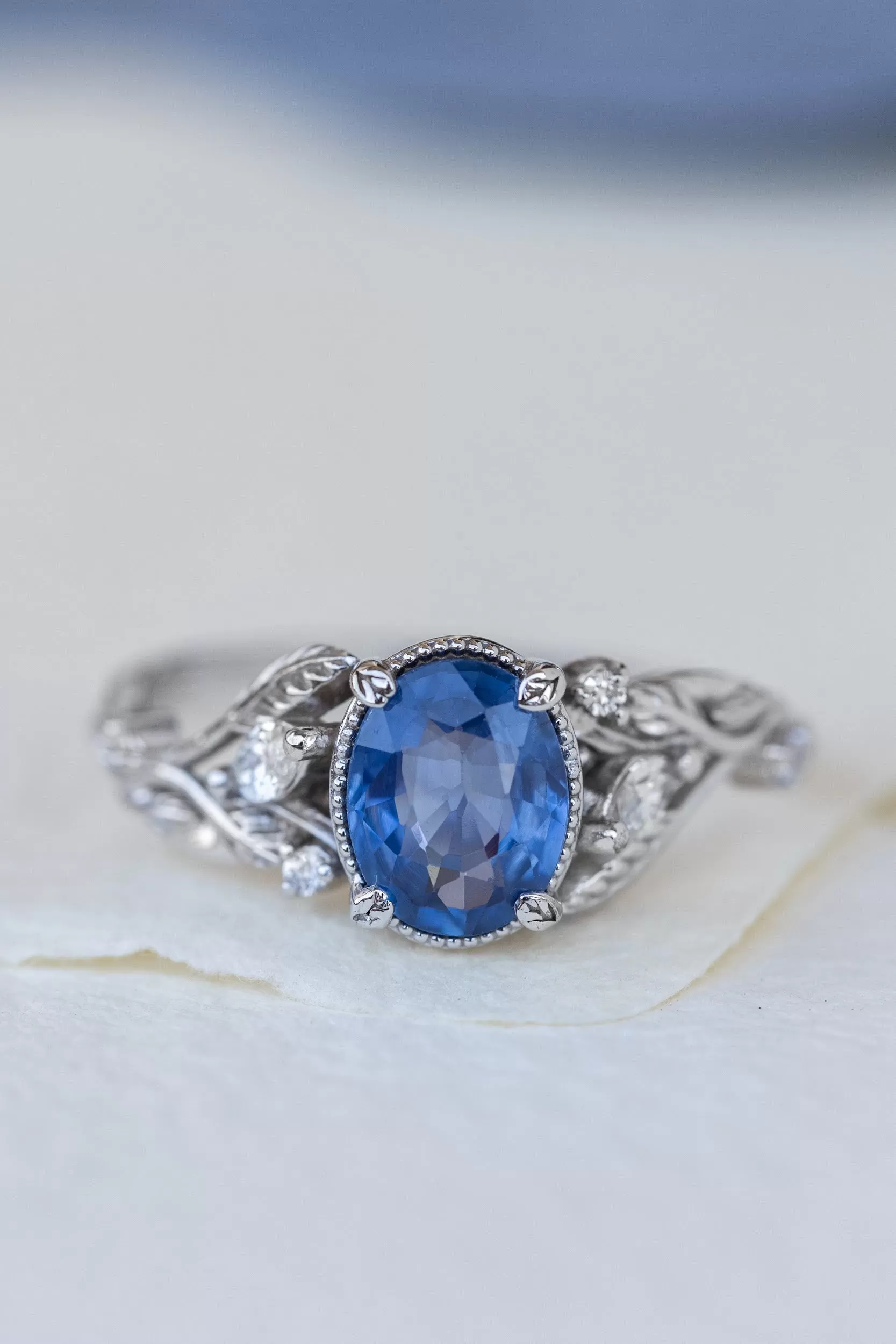 Natural blue sapphire bridal ring set, white gold leaf engagement and wedding rings / Patricia