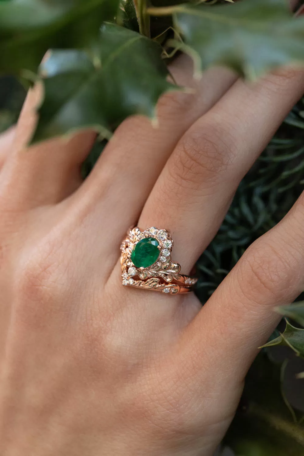 Natural emerald and diamonds bridal ring set, baroque inspired rose gold engagement ring set / Sophie