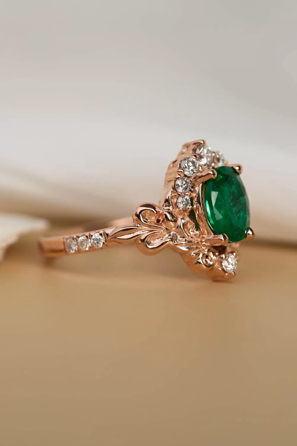 Natural emerald and diamonds bridal ring set, baroque inspired rose gold engagement ring set / Sophie