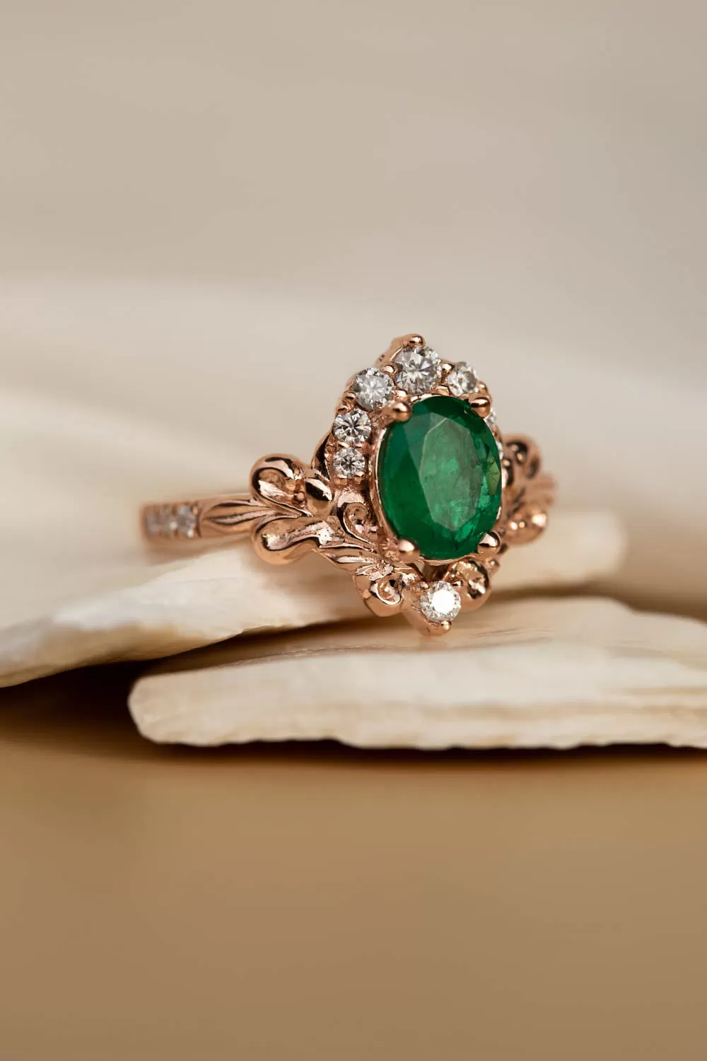 Natural emerald and diamonds bridal ring set, baroque inspired rose gold engagement ring set / Sophie