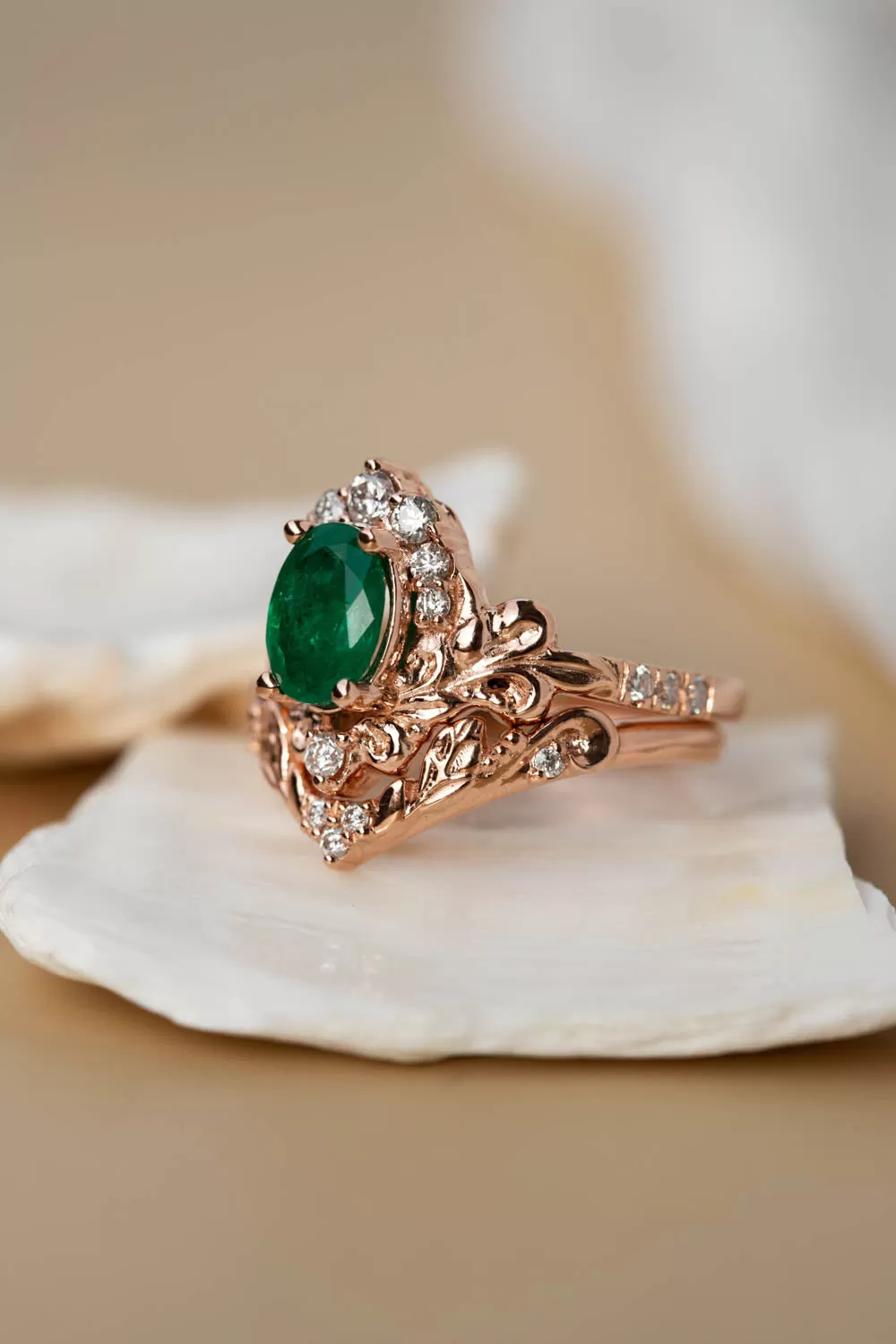 Natural emerald and diamonds bridal ring set, baroque inspired rose gold engagement ring set / Sophie