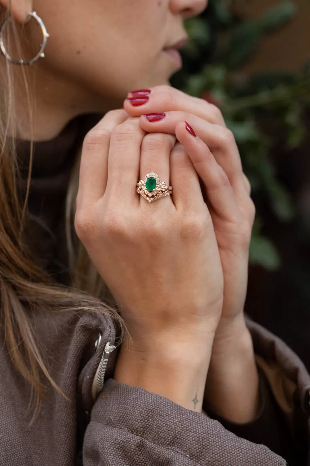 Natural emerald and diamonds bridal ring set, baroque inspired rose gold engagement ring set / Sophie