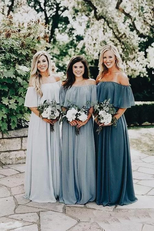 Off the Shoulder Chiffon Slate Gray Mismatched Bridesmaid Dresses Long Party Dresses