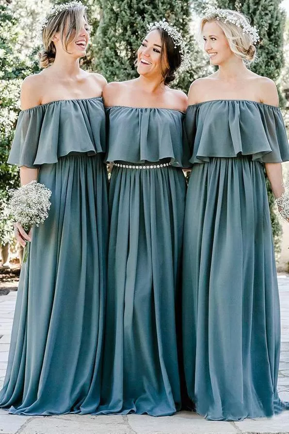 Off the Shoulder Chiffon Slate Gray Mismatched Bridesmaid Dresses Long Party Dresses