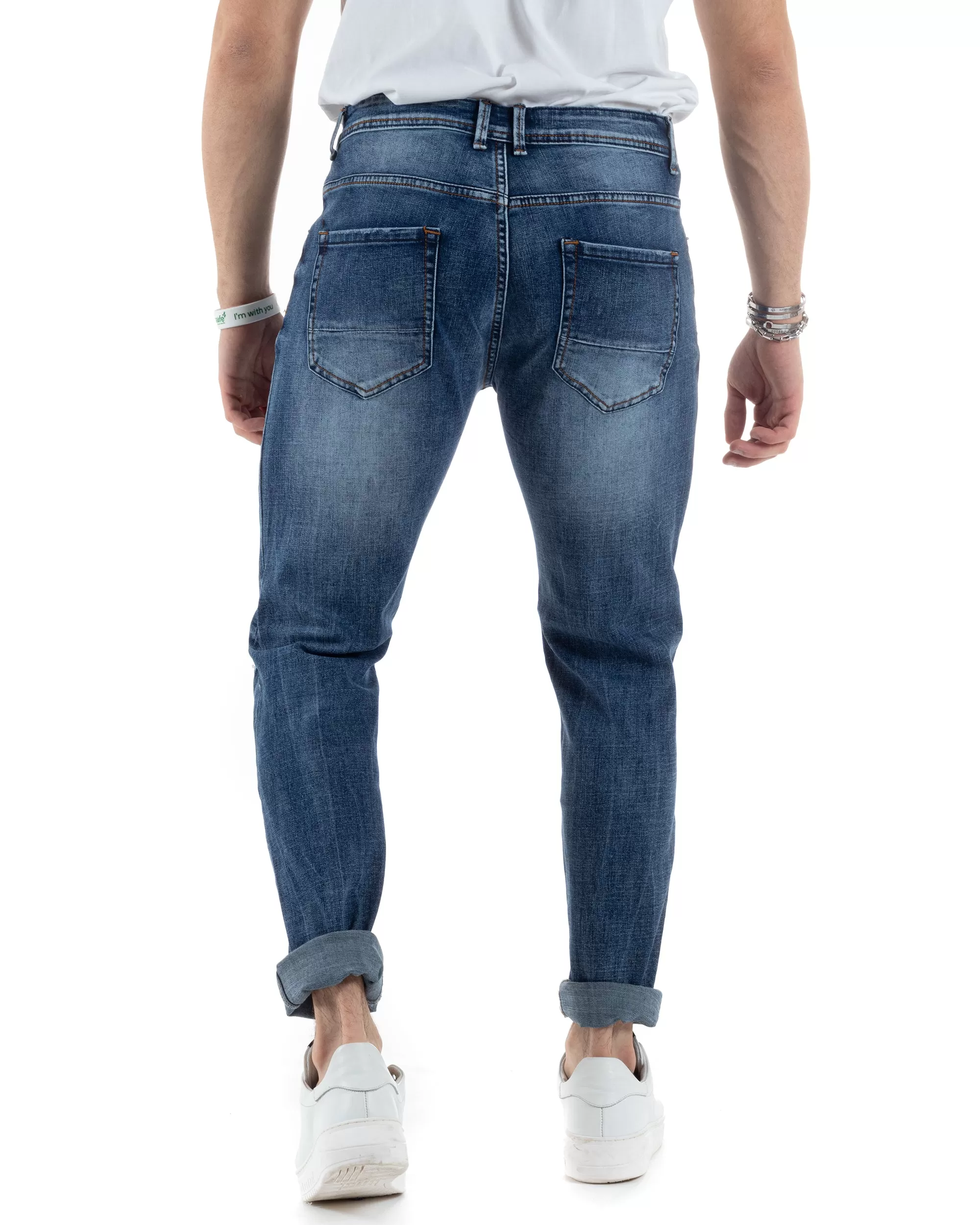 Pantaloni Uomo Jeans Con Rotture Cinque Tasche Slim Fit Blu Denim Stone Washed GIOSAL-JS1011A