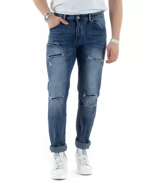 Pantaloni Uomo Jeans Con Rotture Cinque Tasche Slim Fit Blu Denim Stone Washed GIOSAL-JS1011A