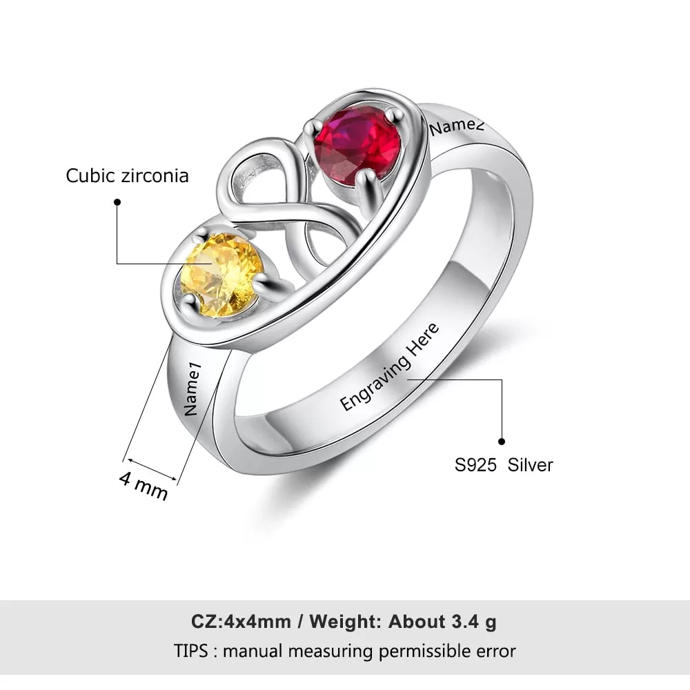 Personalized Infinity Ring with 2 Birthstones Custom Name 925 Sterling Silver Promise Rings for Women Gift