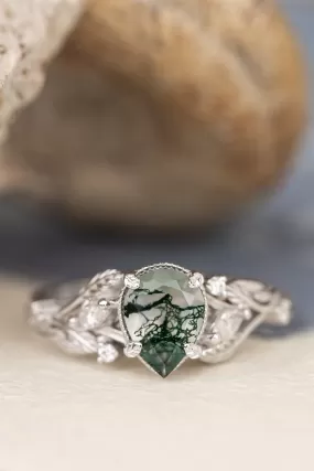 READY TO SHIP: Patricia ring in 14K white gold, natural moss agate pear cut 8x6 mm, accent moissanites or lab grown diamonds, AVAILABLE RING SIZES: 5.25-10US