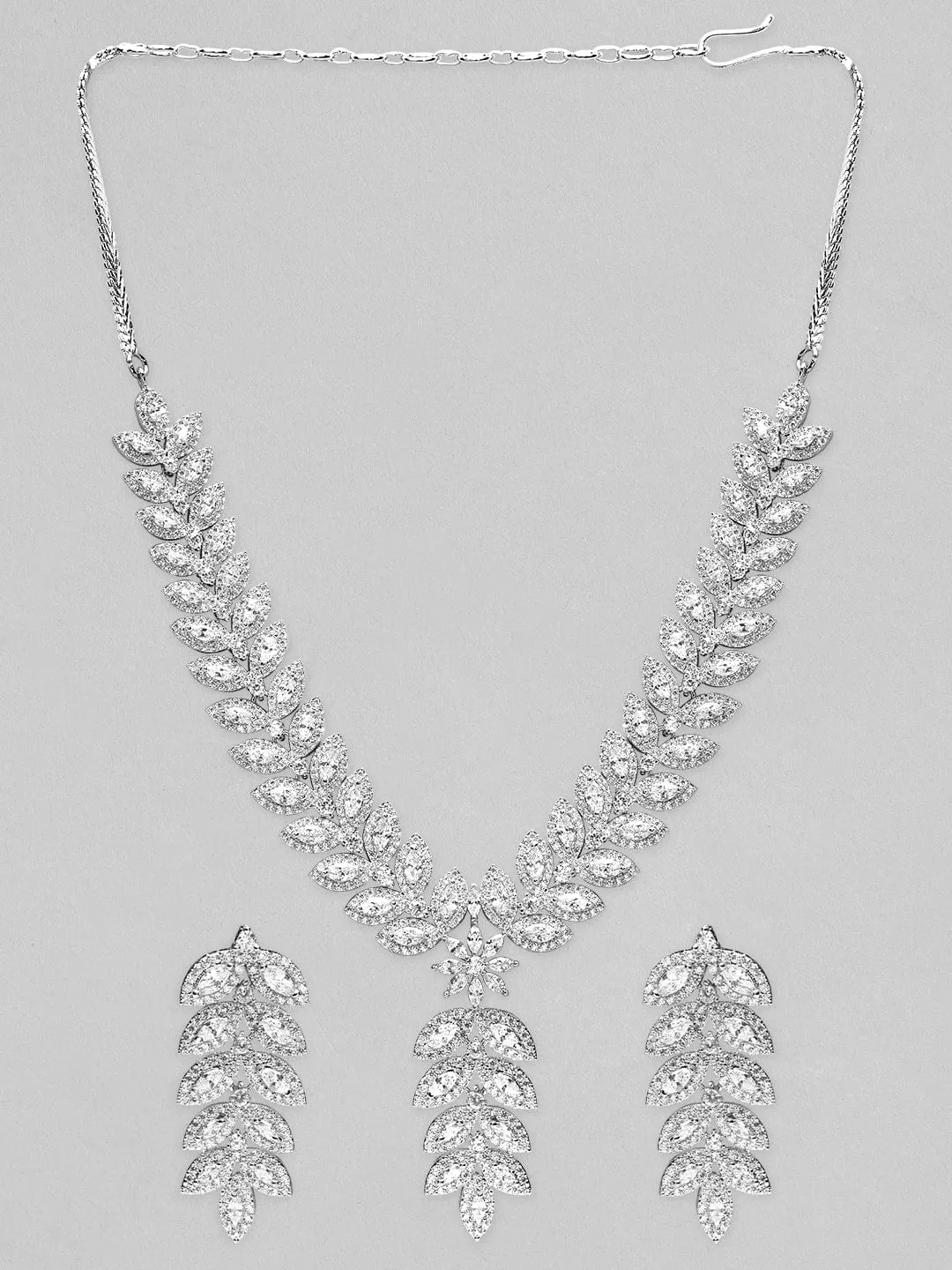 Rubans Silver-Plated AD Studded Necklace Jewellery Set