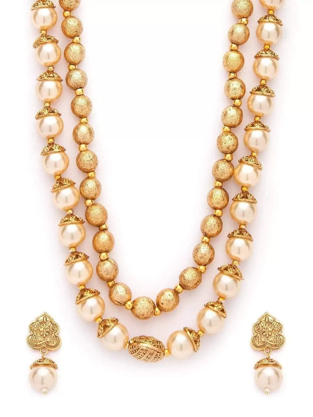 Rubans Traditional Handmade Pearl And Antique Gold Beads Strand Multilayer Necklace Set