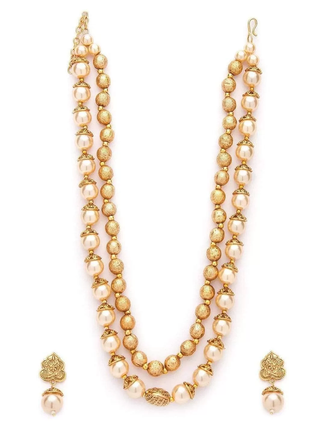 Rubans Traditional Handmade Pearl And Antique Gold Beads Strand Multilayer Necklace Set