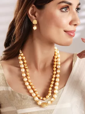 Rubans Traditional Handmade Pearl And Antique Gold Beads Strand Multilayer Necklace Set