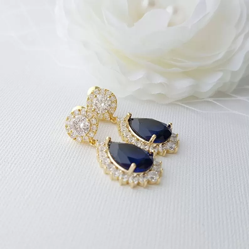 Sapphire Blue Clip On Bridal Earrings-Aoi