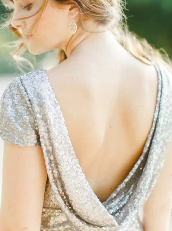 Sheath Bateau Sweep Train Backless Silver Sequined Bridesmaid Dress