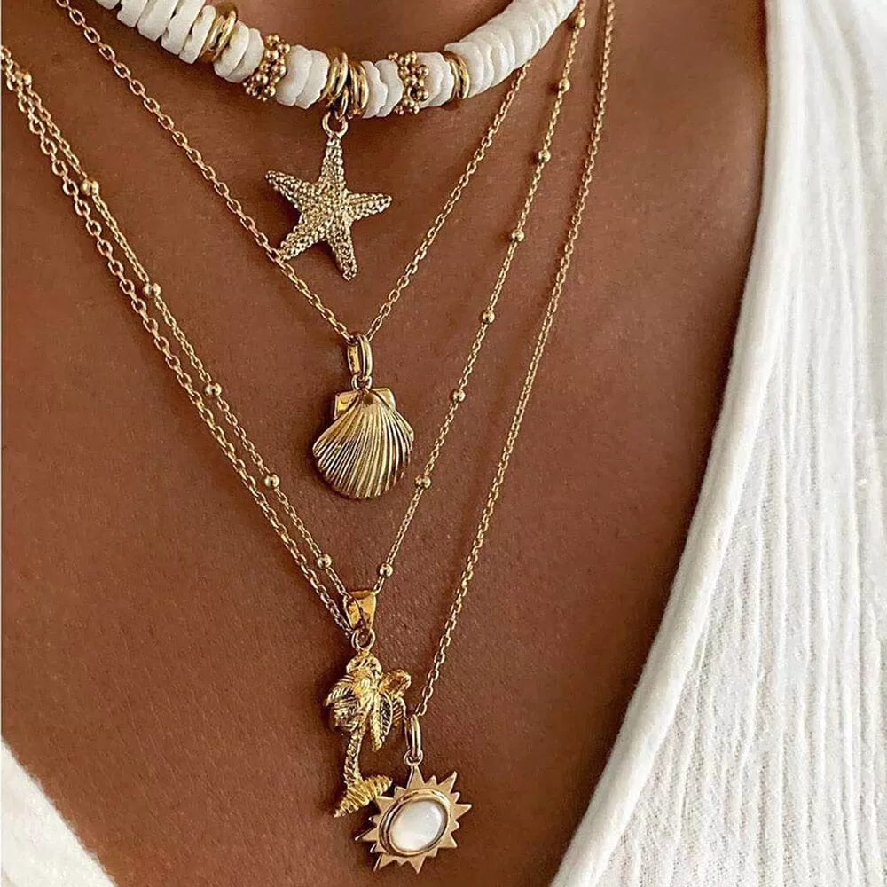 Soft Ceramic Starfish Puka Shell Pendant Multilayer Necklace