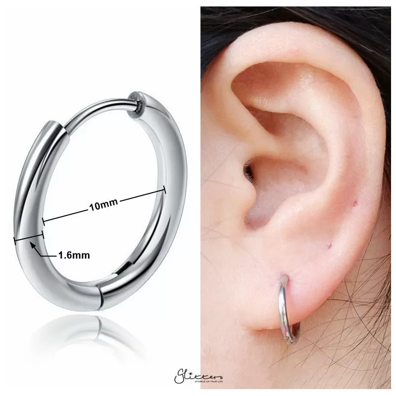 Stainless Steel Round Huggie Hoop Earring - Silver