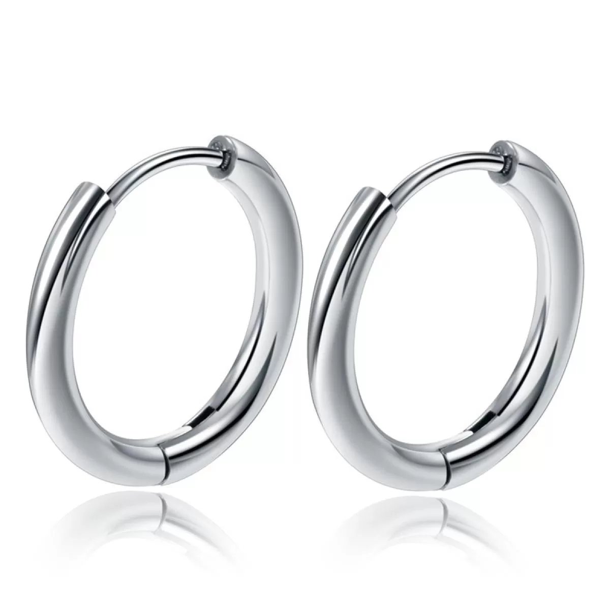 Stainless Steel Round Huggie Hoop Earring - Silver