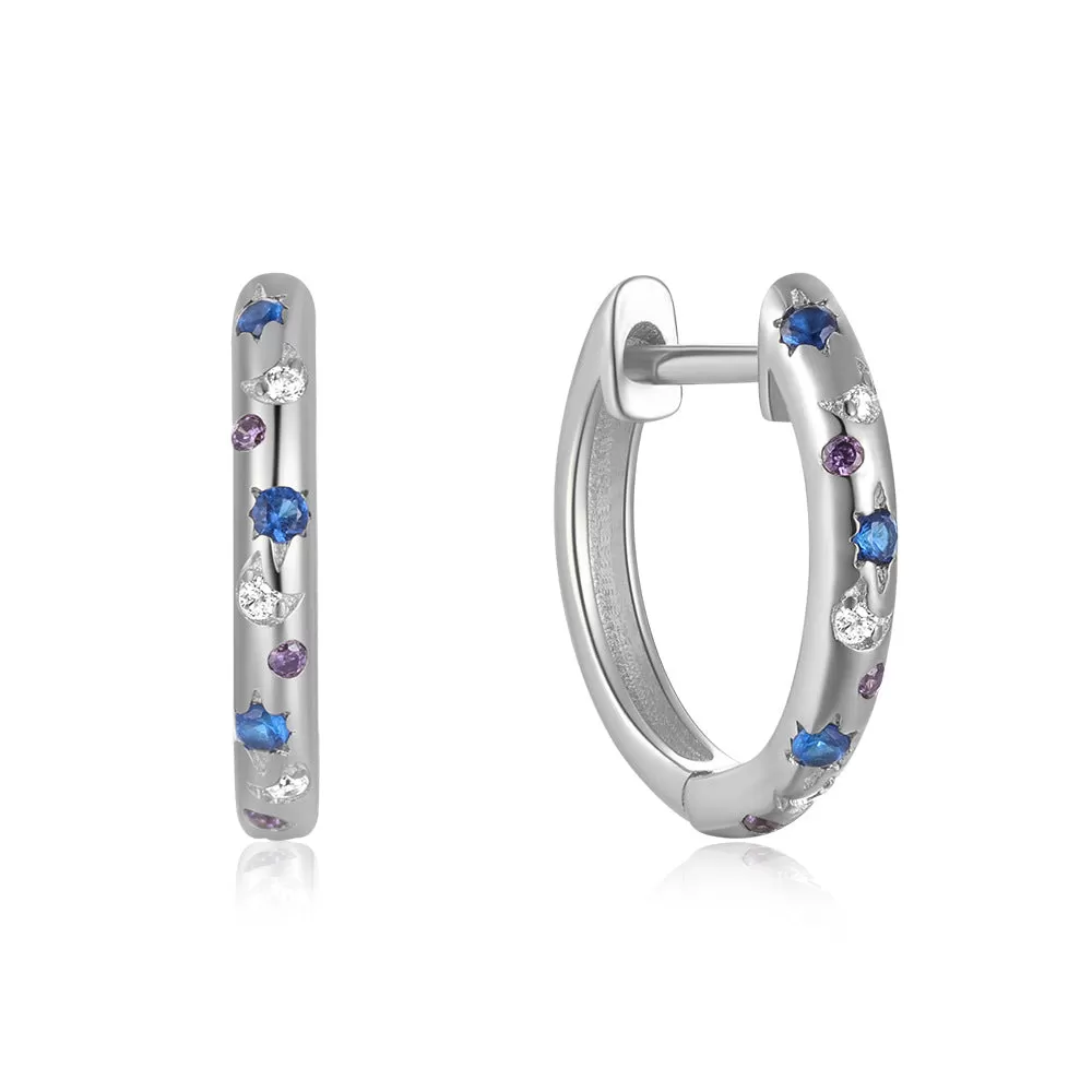 Sterling Silver Colored Stars and Moon Hoop Huggie Earrings