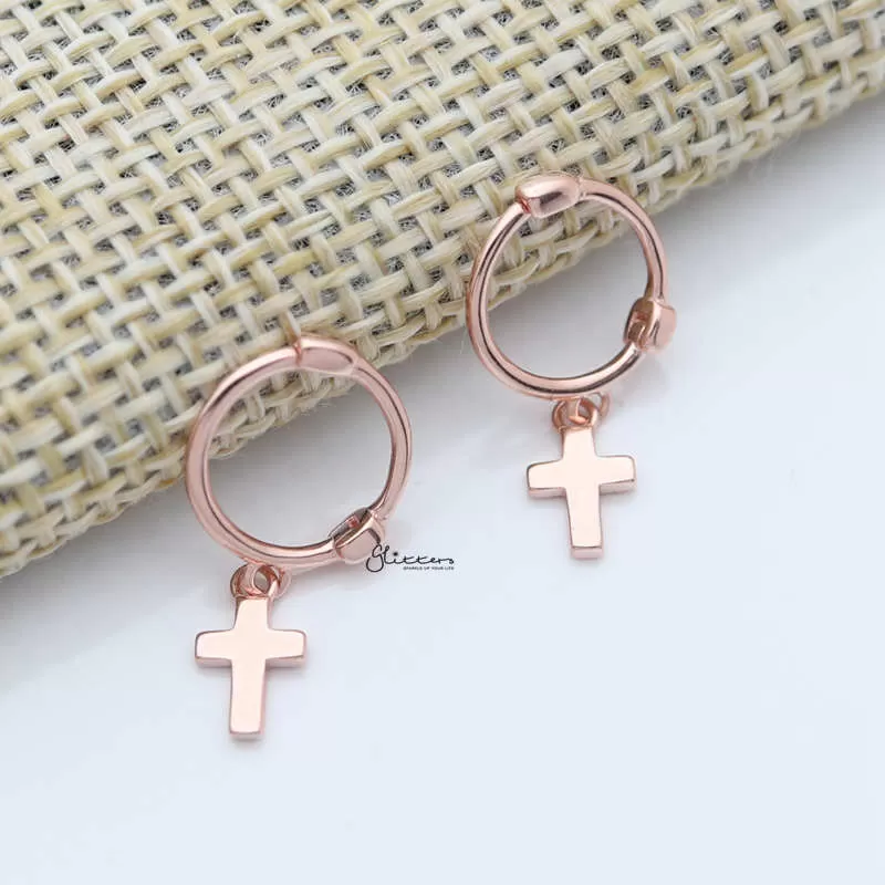 Sterling Silver One-Touch Hoop Earrings with Dangle Cross - Rose Gold