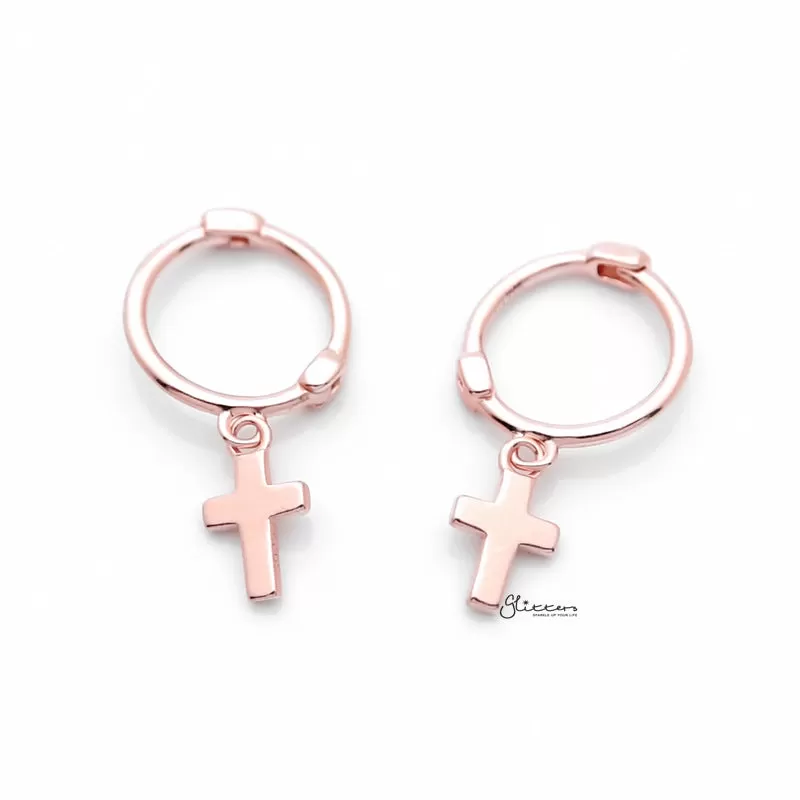 Sterling Silver One-Touch Hoop Earrings with Dangle Cross - Rose Gold