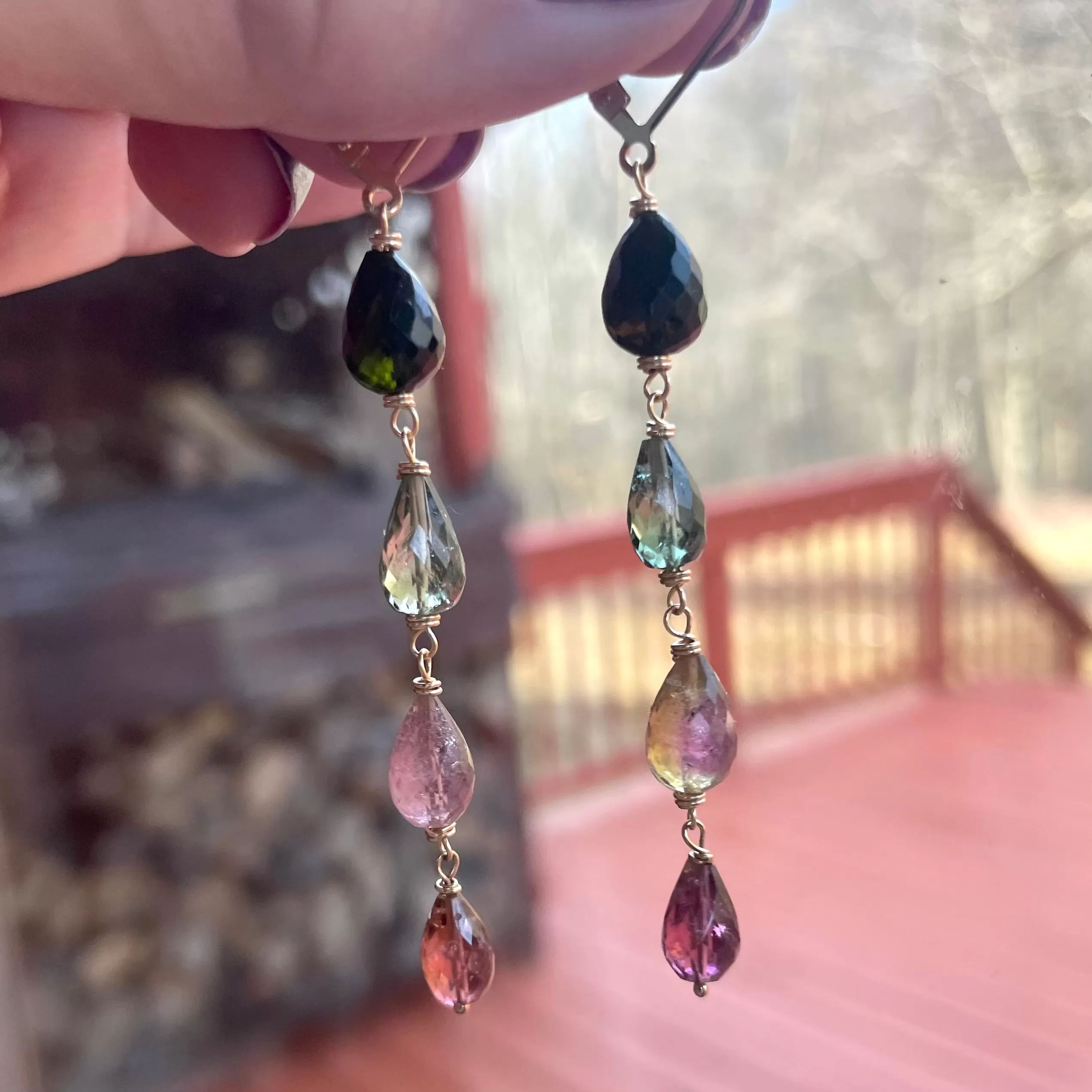 Tourmaline 4 Teardrop Dangles, OOAK