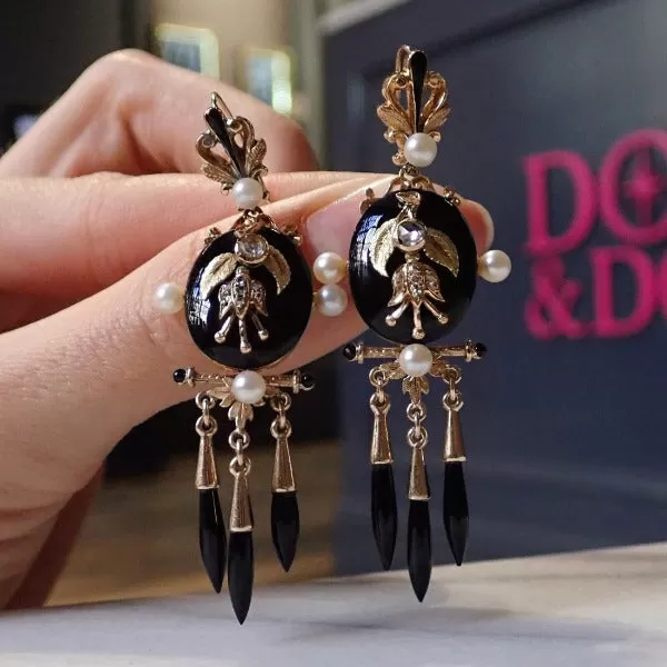 Victorian Onyx, Pearl, Diamond & Enamel Drop Earrings