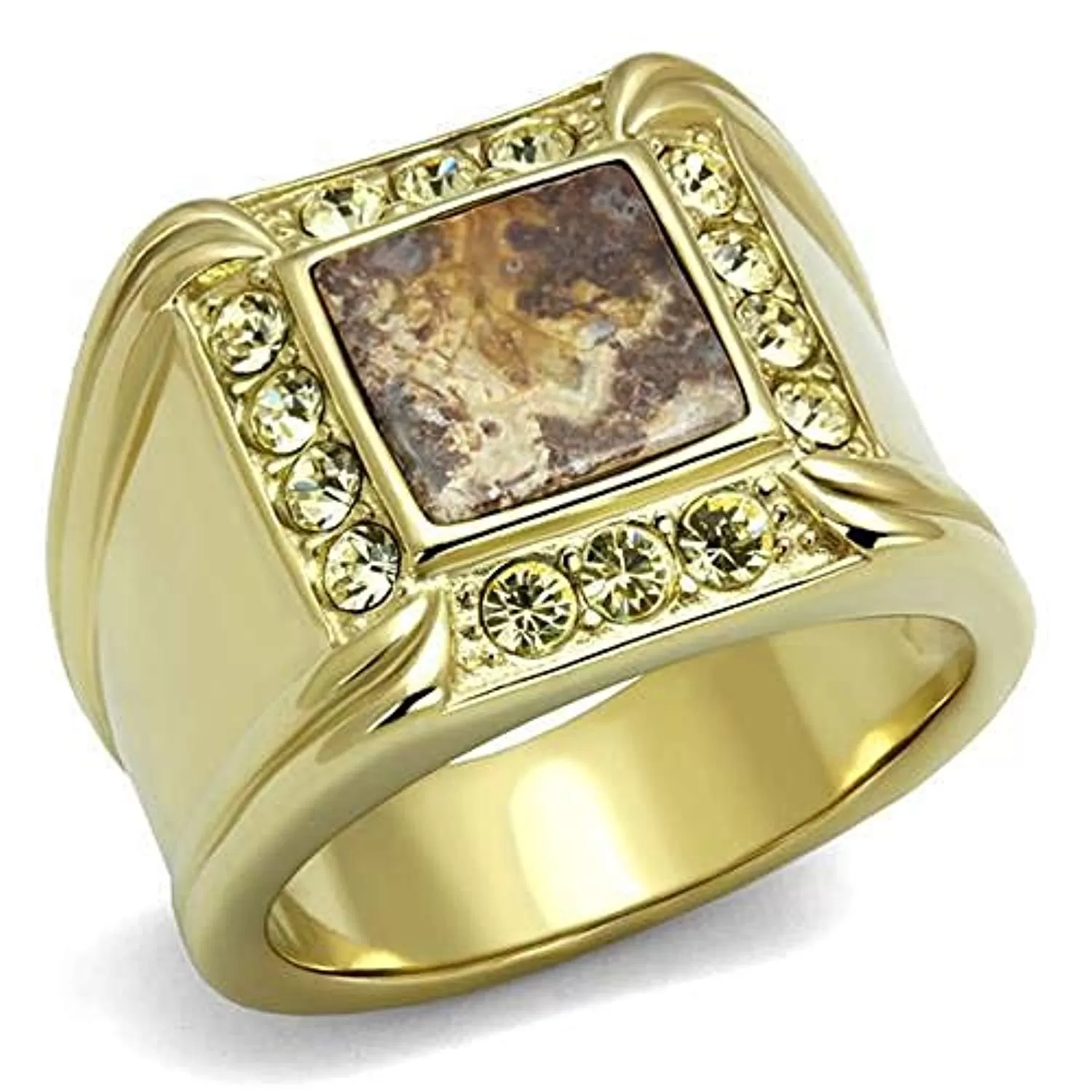 WildKlass Stainless Steel Ring IP GoldMen Semi-Precious Smoked Quartz